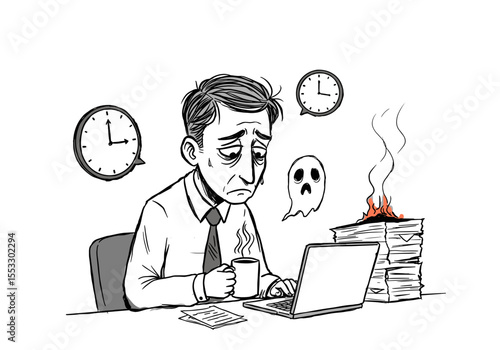 Burnout concept – Tired office worker with dark circles and stack of paperwork