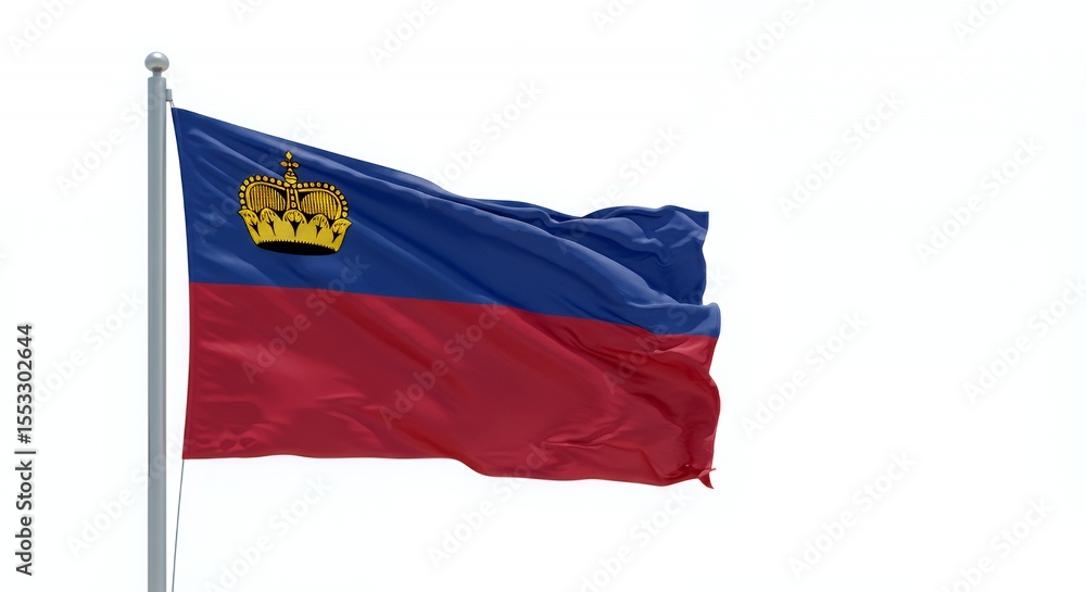 Fototapeta premium Liechtenstein's National Flag Flutters Proudly Against a Pristine White Sky