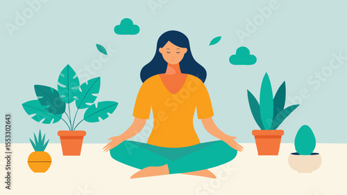 Woman meditating peacefully surrounded by houseplants