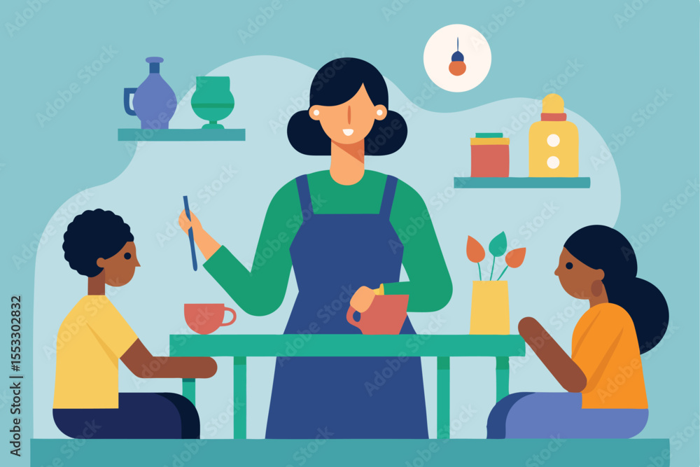 Woman serving tea to two children at home kitchen table Woman serving tea to two children at home kitchen table