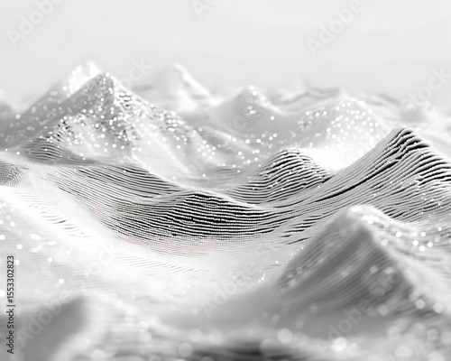 Monochrome pixel hills slowly rising with flowing binary waves and light