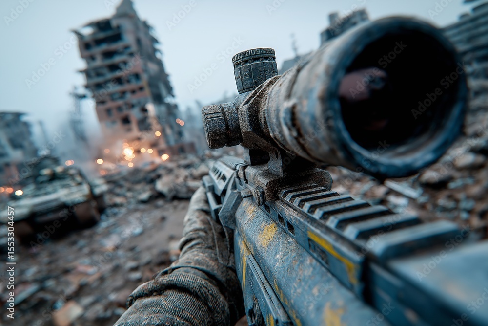 Obraz premium FPV perspective of a military sniper in a gritty battlefield with ruins and explosions. Concept of war, video games, and conflict
