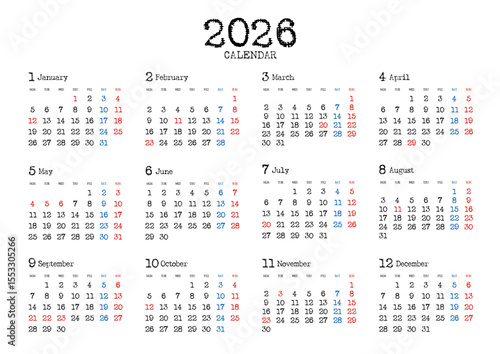 2026年の年間カレンダー月曜始まりタイプライター風文字 横位置