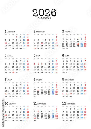 2026年の年間カレンダー月曜始まりタイプライター風文字 縦位置