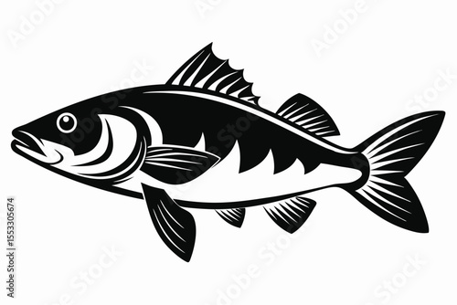 Monochrome Illustration Stylized Fish with Distinct Fins and Tail, Angling, Marine Wildlife