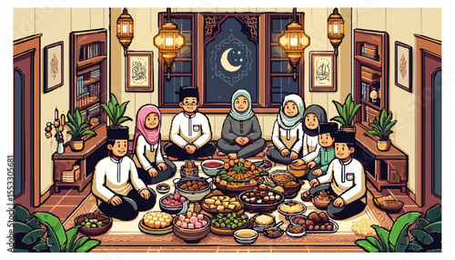 A Muslim family joyfully gathers for an Eid feast, sharing food and celebrating together in a warmly lit traditional home.