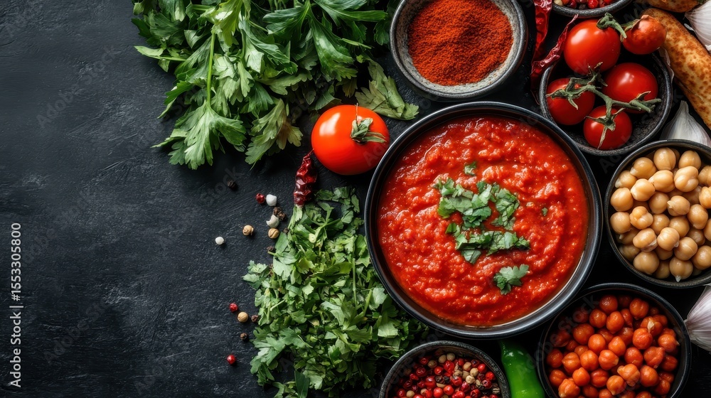 A vibrant and appetizing display featuring rich red tomato sauce surrounded by fresh vegetables and herbs, highlighting the essential ingredients for a perfect, flavorful dish. A vibrant and appetizing display featuring rich red tomato sauce surrounded by fresh vegetables and herbs, highlighting the essential ingredients for a perfect, flavorful dish.