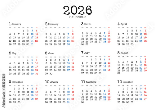 2026年の年間カレンダー月曜始まり 日本の祝日表記無し タイプライター風文字 横位置