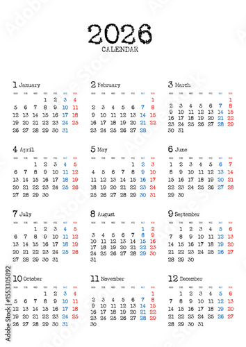 2026年の年間カレンダー月曜始まり 日本の祝日表記無し タイプライター風文字 縦位置