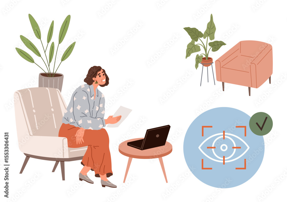 Fototapeta premium Woman sitting on a chair holding papers near a laptop on a table, surrounded by plants and modern furniture. Circular visual with eye icon hints at vision, focus, or tracking. Ideal for remote work
