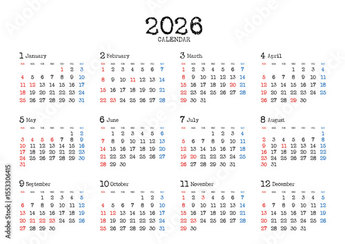 2026年の年間カレンダー日曜始まりタイプライター風文字 横位置