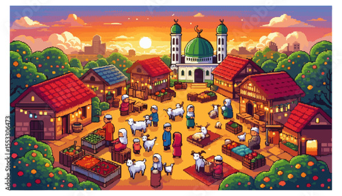 A vibrant illustration of a bustling marketplace scene, featuring people, sheep, and a mosque, set against a picturesque sunset.