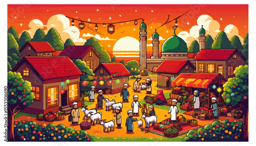 A vibrant village scene at sunset, bustling with people, animals, and market stalls near a mosque.