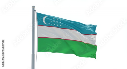 Uzbekistan's vibrant flag billows proudly against a clear sky, a symbol of national pride.