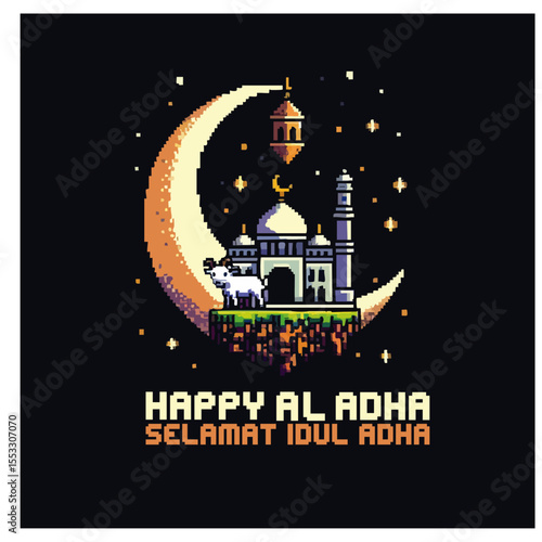 Pixel art graphic design celebrating Eid al-Adha, featuring a mosque, crescent moon, and sheep, with celebratory text.