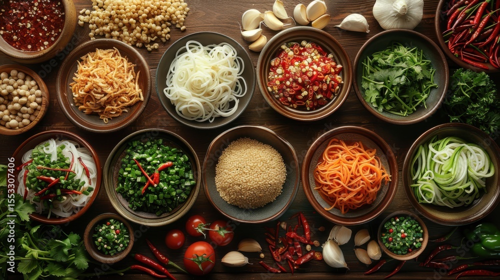 A colorful display of fresh cooking ingredients, including herbs, noodles, and spices, showcasing the beauty of culinary arts and the joy of cooking fresh meals at home. A colorful display of fresh cooking ingredients, including herbs, noodles, and spices, showcasing the beauty of culinary arts and the joy of cooking fresh meals at home.