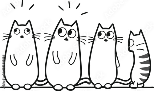 cartoon illustration of four long-bodied cats standing in a line 
