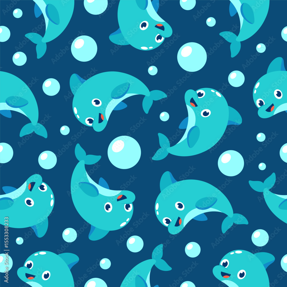 Obraz premium Cute cartoon dolphins and bubbles seamless pattern on blue background. Vector illustration.
