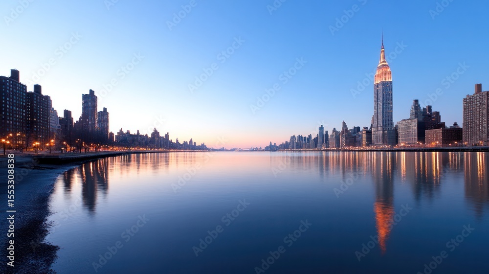 Obraz premium Stunning skyline view of city buildings at dusk, reflecting on the water, with warm colors creating a serene atmosphere.