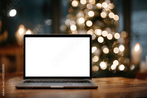 A laptop with a blank white screen sits on a wooden table with a blurred background of bokeh lights