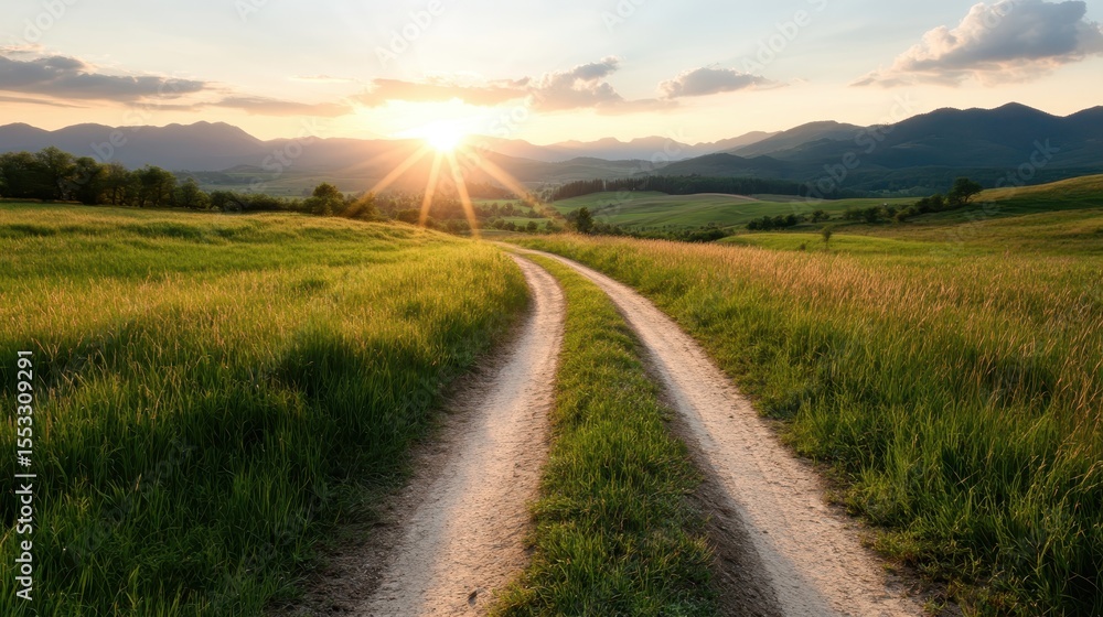 The image captures a serene dirt path winding through vibrant green fields, under a beautiful sunset, symbolizing tranquility, nature's beauty, and the joy of exploration. The image captures a serene dirt path winding through vibrant green fields, under a beautiful sunset, symbolizing tranquility, nature's beauty, and the joy of exploration.