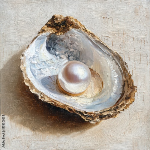 Pearl in Open Oyster Shell an Elegant Still Life Oil Painting with Textured Beige Background and Bright Light