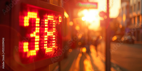 Fototapeta Naklejka Na Ścianę i Meble -  Street thermometer showing 38 Celsius degrees on a city street during heat wave.