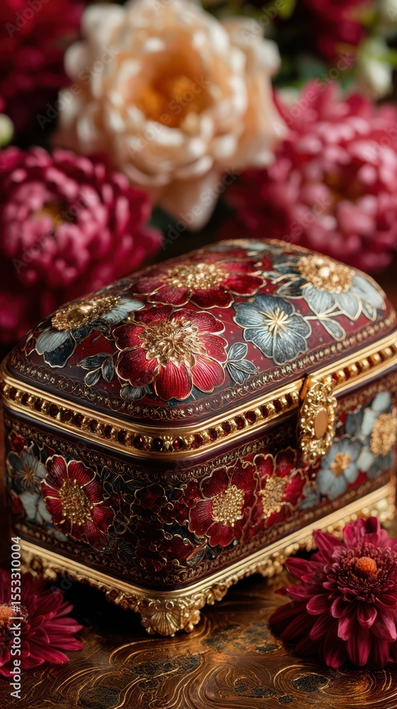 Intricate decorative box with floral design surrounded by vibrant flowers in a warm setting Intricate decorative box with floral design surrounded by vibrant flowers in a warm setting