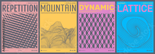 Rocks, mountains and hills. Surreal landscape background. Terrain. Cyberspace grid. Geometric pattern. A three-dimensional shape curled into a circle. Cover design template for brochure, poster, flyer