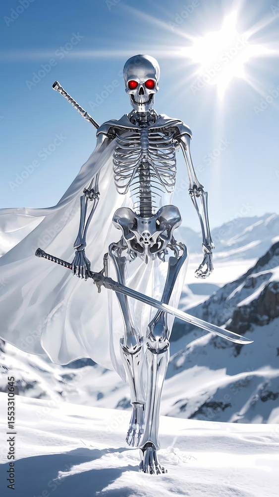 Obraz premium Silver Skeleton Warrior with Swords in Snowy Mountains