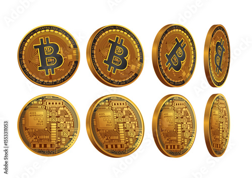Showcase of Bitcoin coins detailed with circuitry and logos from various angles to emphasize their digital features and design