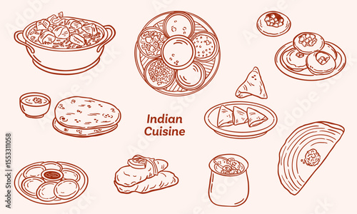 Indian food doodle illustration - hand drawn sketch - vector collection set