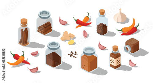 Vibrant Isometric Collection of Diverse Culinary Spices, Herbs, and Kitchen Seasonings in Jars