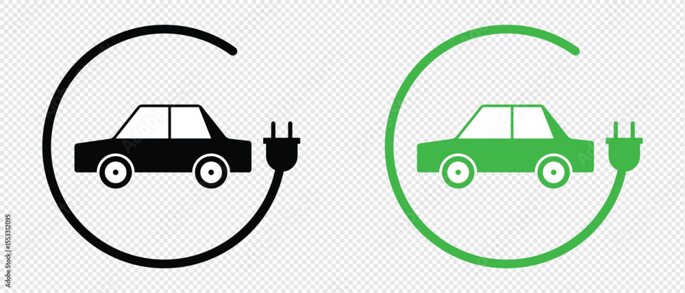 Naklejka premium Car charging point icon png. Electric plug symbol. Electricity sign. Green energy vector illustration. Phone charge technology concept. Wire with plug and lightning bolt pictogram. 
