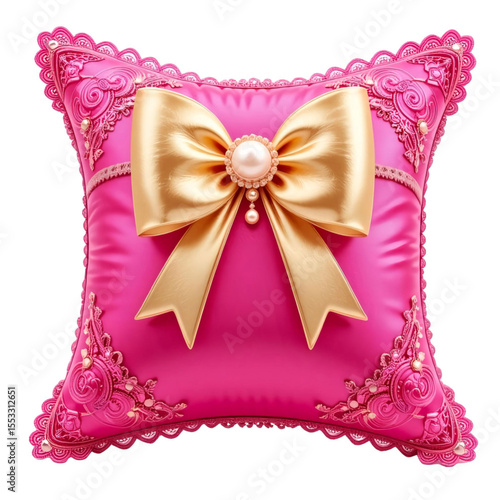 Vibrant Pink Satin Pillow Adorned With Ornate Lace Edging And Delicate Pearls. Large, Elegant Gold Bow With Central Pearl Embellished The Center.eps