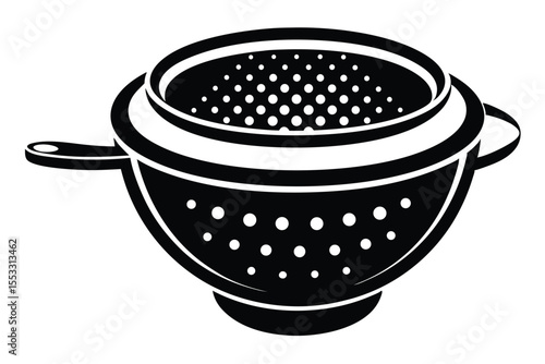 Black and white illustration of a perforated metal colander with handles and base