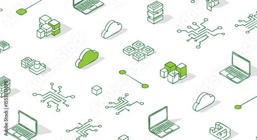 Modern Isometric Pattern of Interconnected Digital Technology Icons and Data Elements