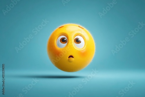 A yellow round emoji with wide eyes looking up and a small pursed mouth against a solid blue background