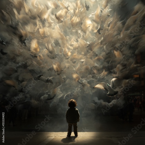 Captivating image of a child gazing up at a flock of birds in dramatic lighting with a bokeh background and artistic filter