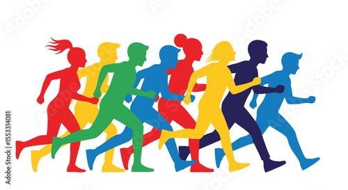 Dynamic Colorful Silhouettes of Diverse Runners Exercising Together, Promoting Health, Unity, and Fitness
