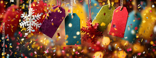 A vibrant holiday sale with discount tags hanging among lively decorations and festive confetti   -