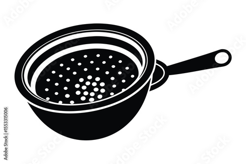 Black and White Illustration of Kitchen Colander with Handle and Perforated Bowl Design