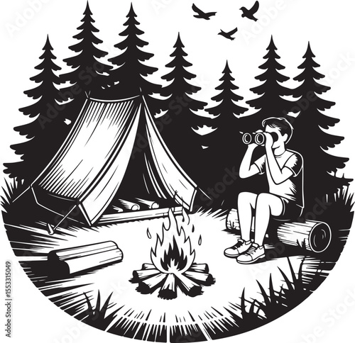 Camping Scene with Tent, Campfire, and Hiker Vector Monochrome Artwork