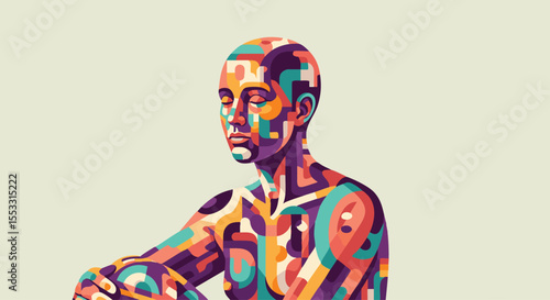 Vivid Abstract Human Figure Meditating, Composed of Vibrant Geometric Shapes and Psychedelic Colors