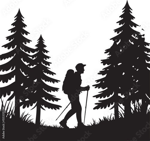 Hiker Walking Through Forest Silhouette Vector Illustration Artwork