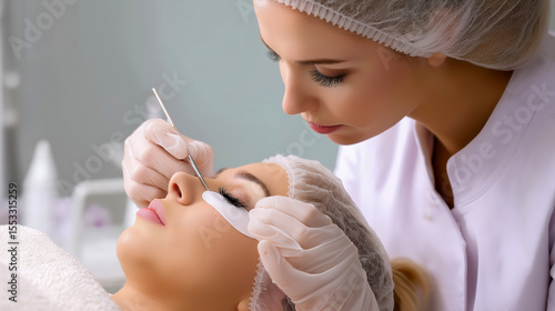 Beautician woman applying eyelash extension. Client woman with eye patch on face, receiving beauty treatment. Makeup and service.