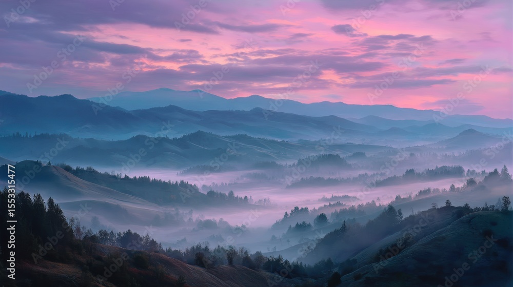 Obraz premium Misty mountain range during sunrise with vibrant pink and blue hues
