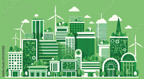 Sustainable Urban Future: Green Cityscape with Renewable Energy, Parks, and Eco-Friendly Buildings