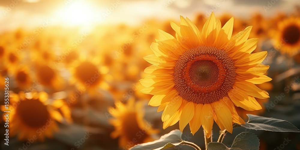 Fototapeta premium Sunflowers bloom in golden light at a vibrant field during sunset in summer