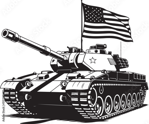 American Tank with Flag Vector Illustration for Military Themes Artwork